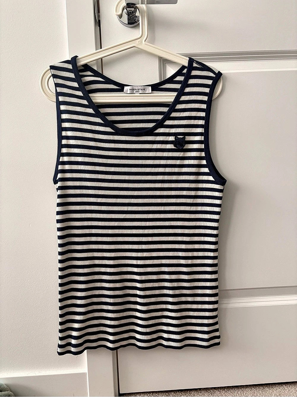 Maison Kitsuné Bold Fox Head Patch Ribbed Tank Top Blue & White XL